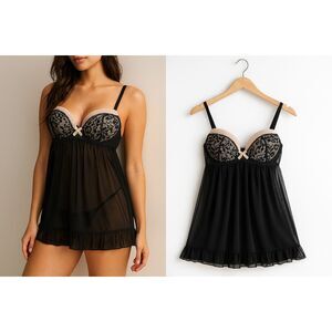 Native Intimates Baby Doll Lingerie–Romantic Y2K Glam, Sheer Black Lace,Est. M/L